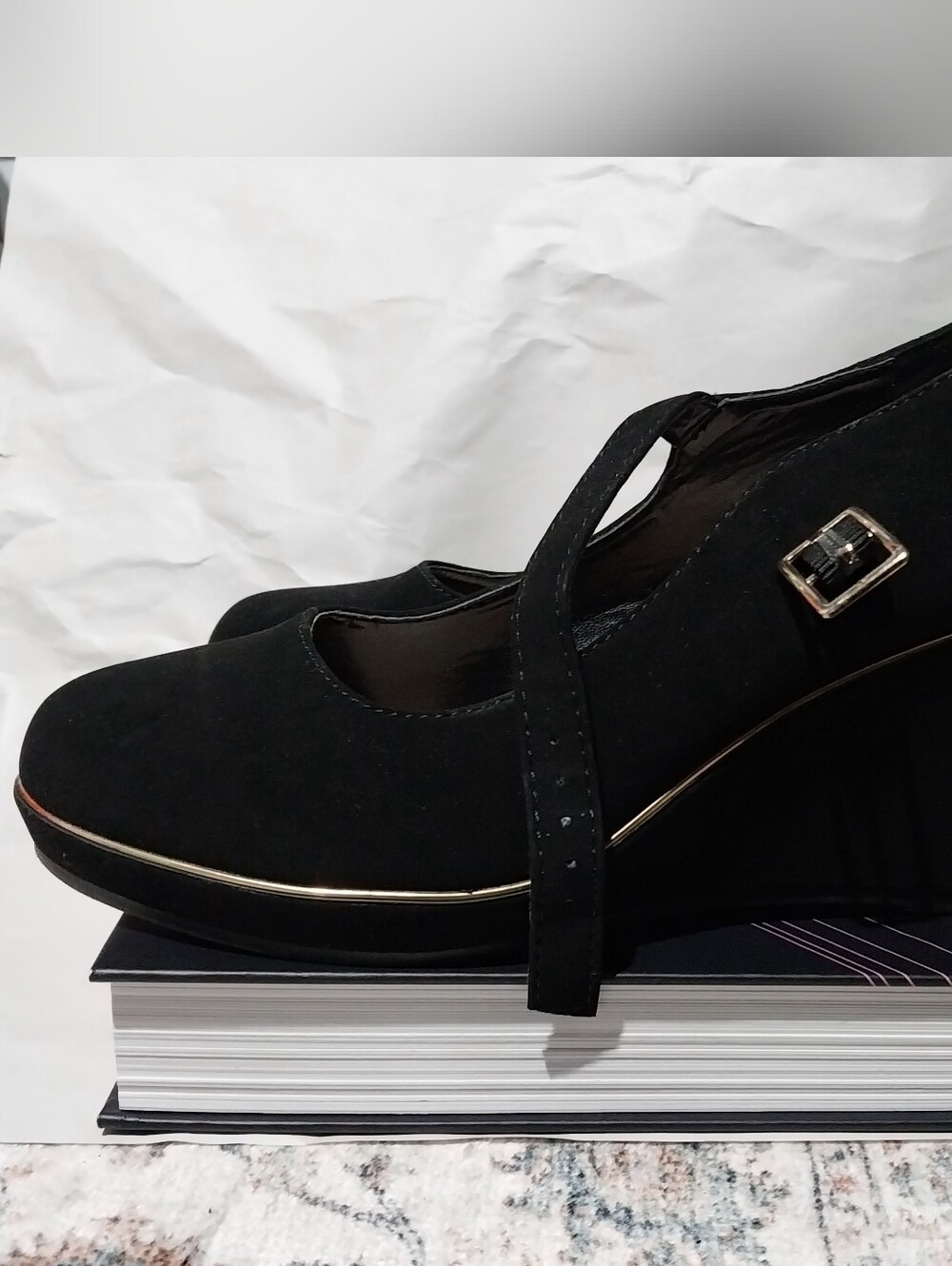 Black Wedge Mary Jane with Gold Trim